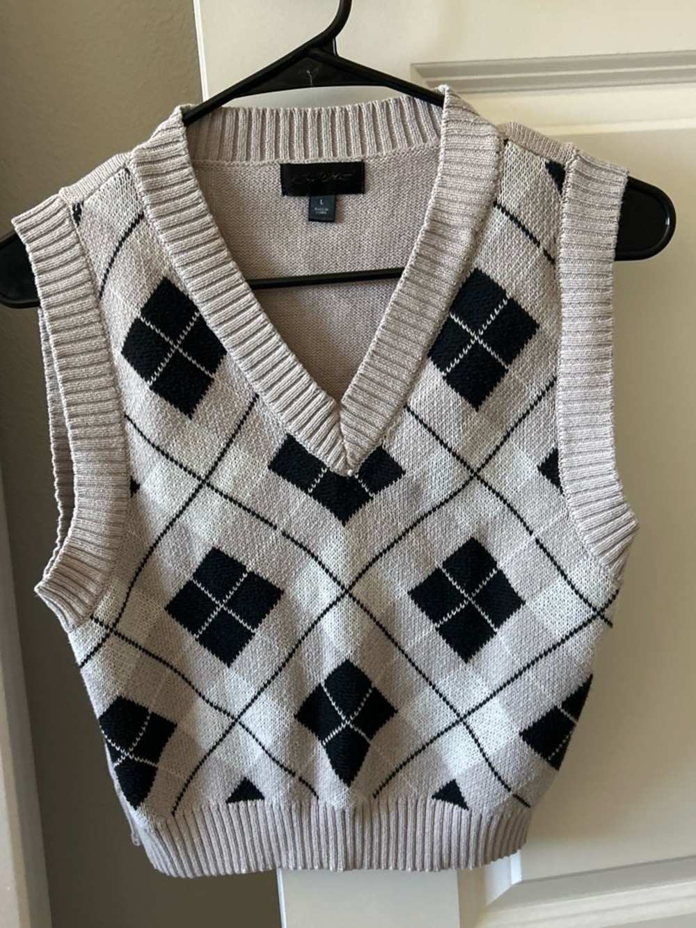 Beige and Black Argyle V-Neck Sweater Vest
